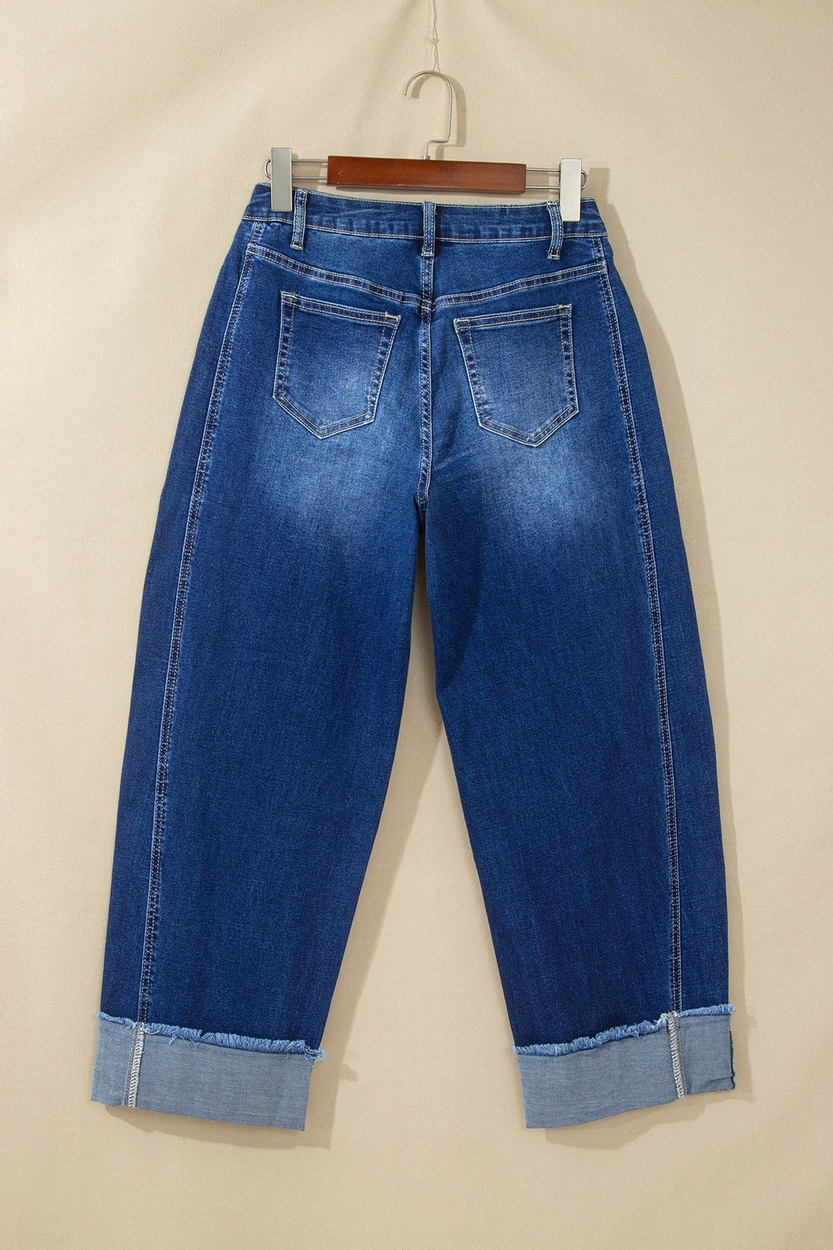 Solid Denim Folded Raw Hem High Waist Jeans