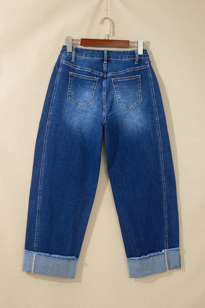 Solid Denim Folded Raw Hem High Waist Jeans