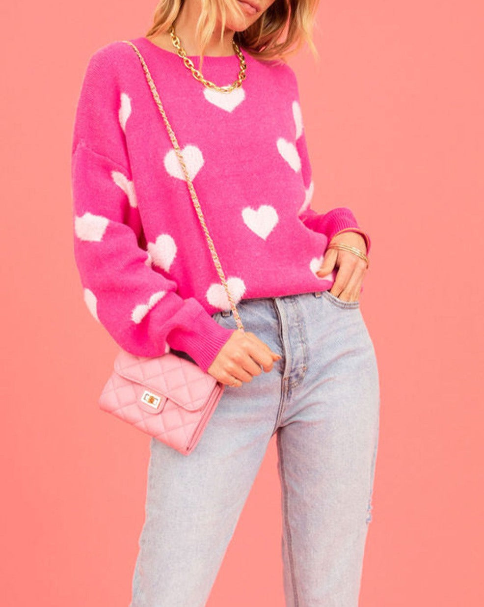 Fuzzy Hearts Drop Shoulder Sweater