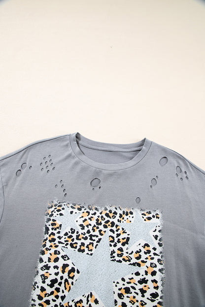 Medium Grey Stars Leopard Graphic Distressed Tee