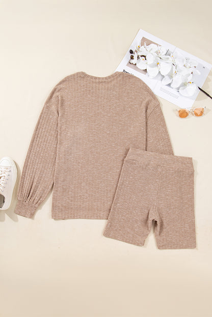 Ribbed Knit Pullover Top and Biker Short Set