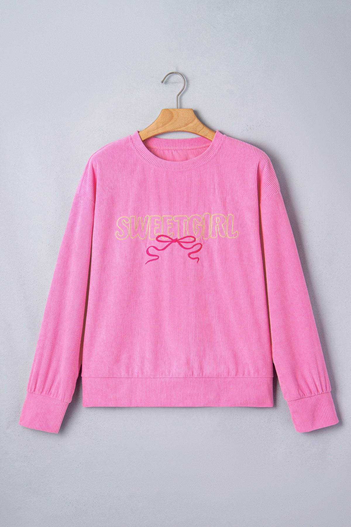 Sweet Girl Bow Embroidered Ribbed Long Sleeve Top