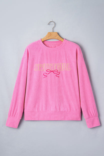 Sweet Girl Bow Embroidered Ribbed Long Sleeve Top