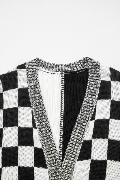 Checker Open Front Drop Shoulder Cardigan