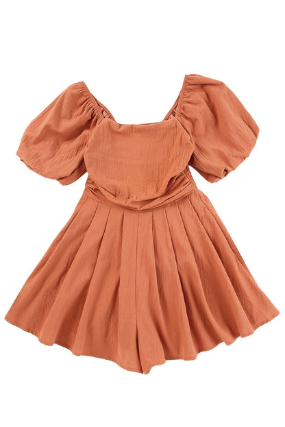 Ruched Square Neck Puff Sleeve Romper