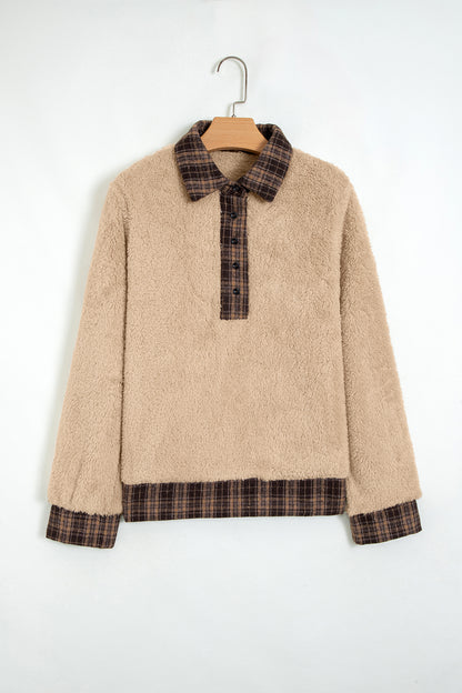 Plaid Patchwork Polo Collar Fleece Sweatshirt
