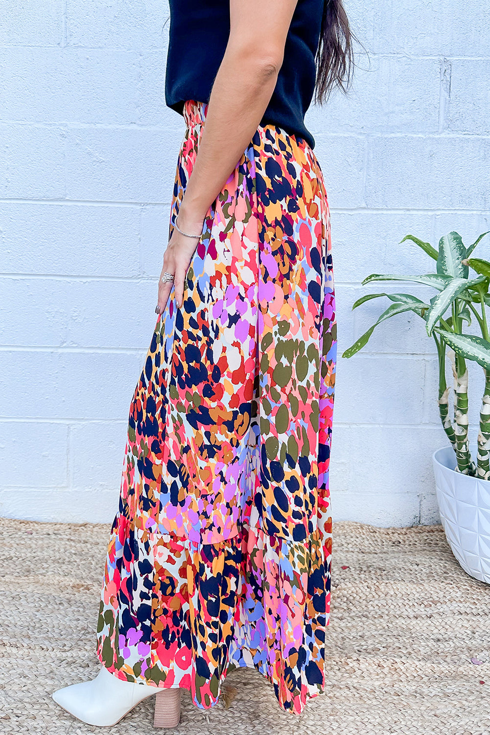 Abstract Floral Ruffle Maxi Skirt