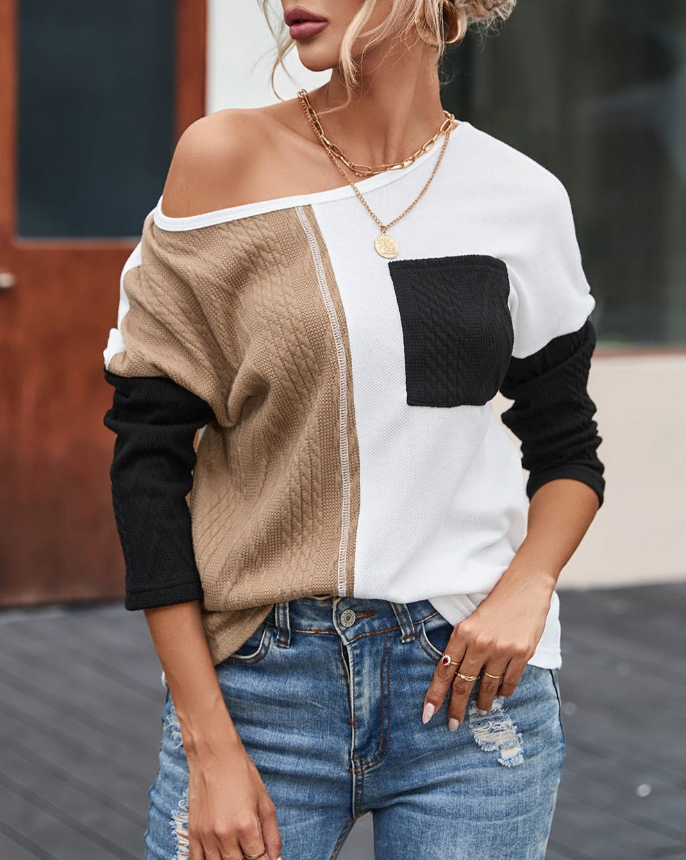 Colorblock Long Sleeve Pocketed Top