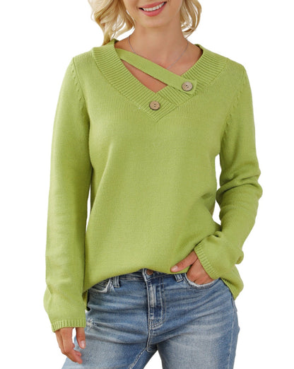 Button Tab V-Neck Sweater