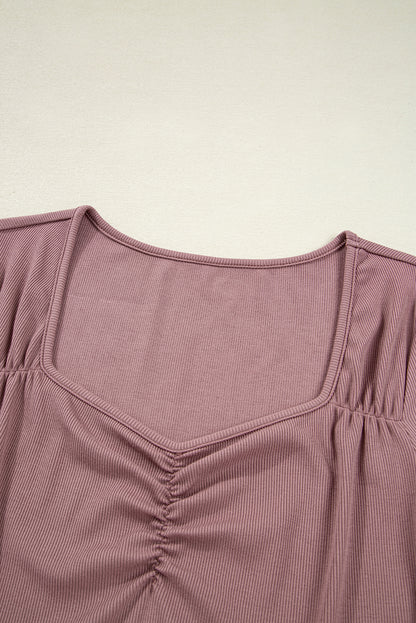 Gathered Bust Square Neck Ribbed Long Sleeve Top