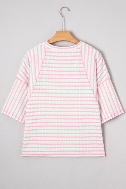 Plus Size Stripe Textured Patchwork 3/4 Sleeve Top