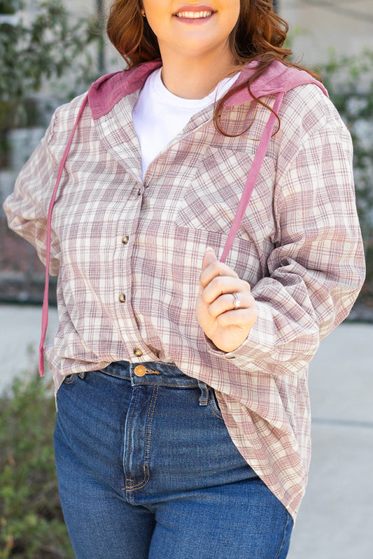Plus Size Plaid Button-Up Chest Pocket Hooded Shirt
