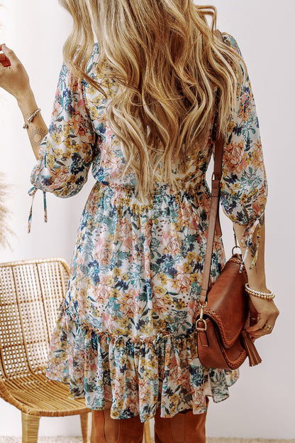 Floral Ruffle 3/4 Sleeve V-Neck Dress