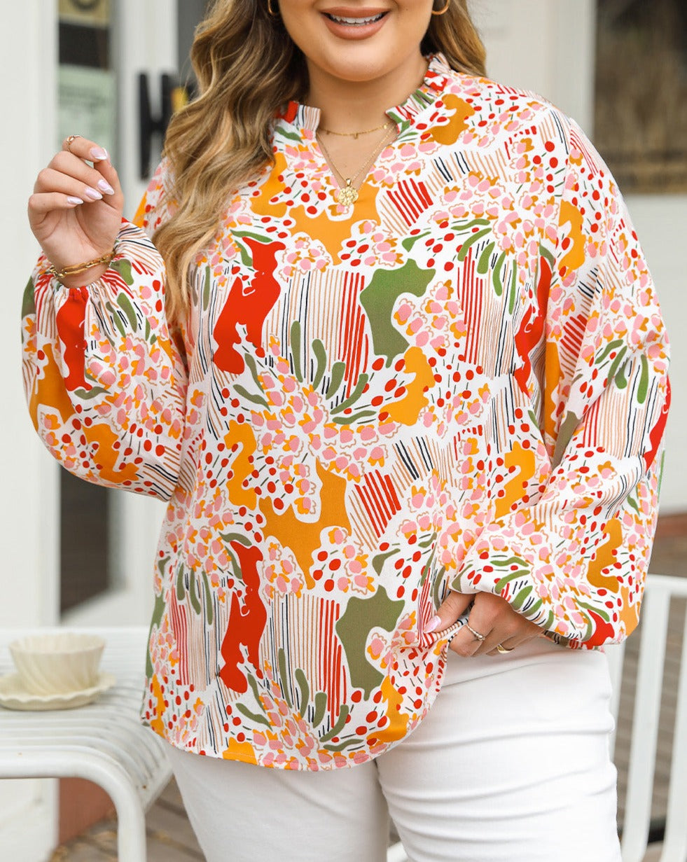 Abstract Floral Frilled V-Neck Blouse Plus Size