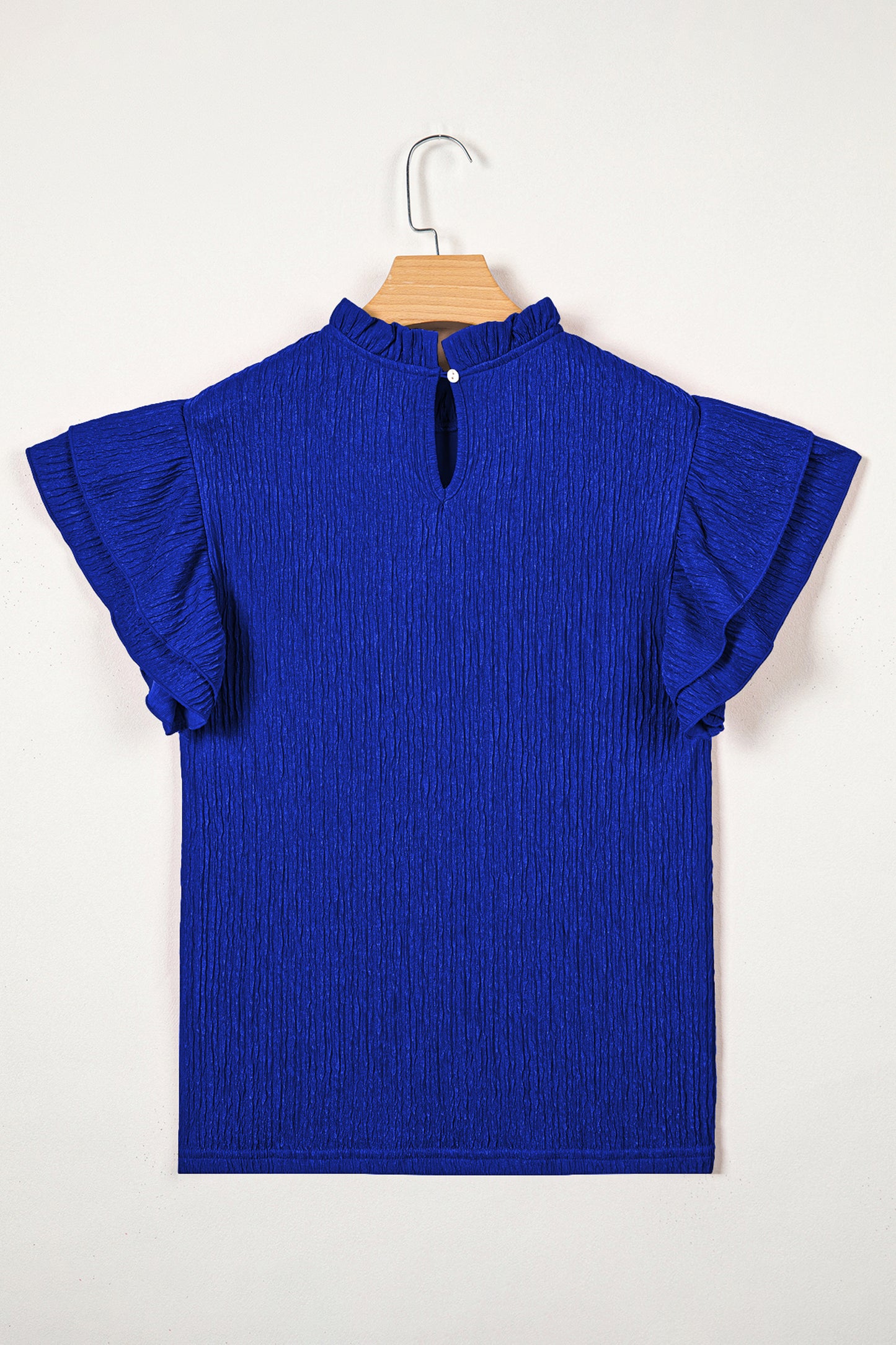 Solid Textured Ruffle Trim Short Sleeve Blouse