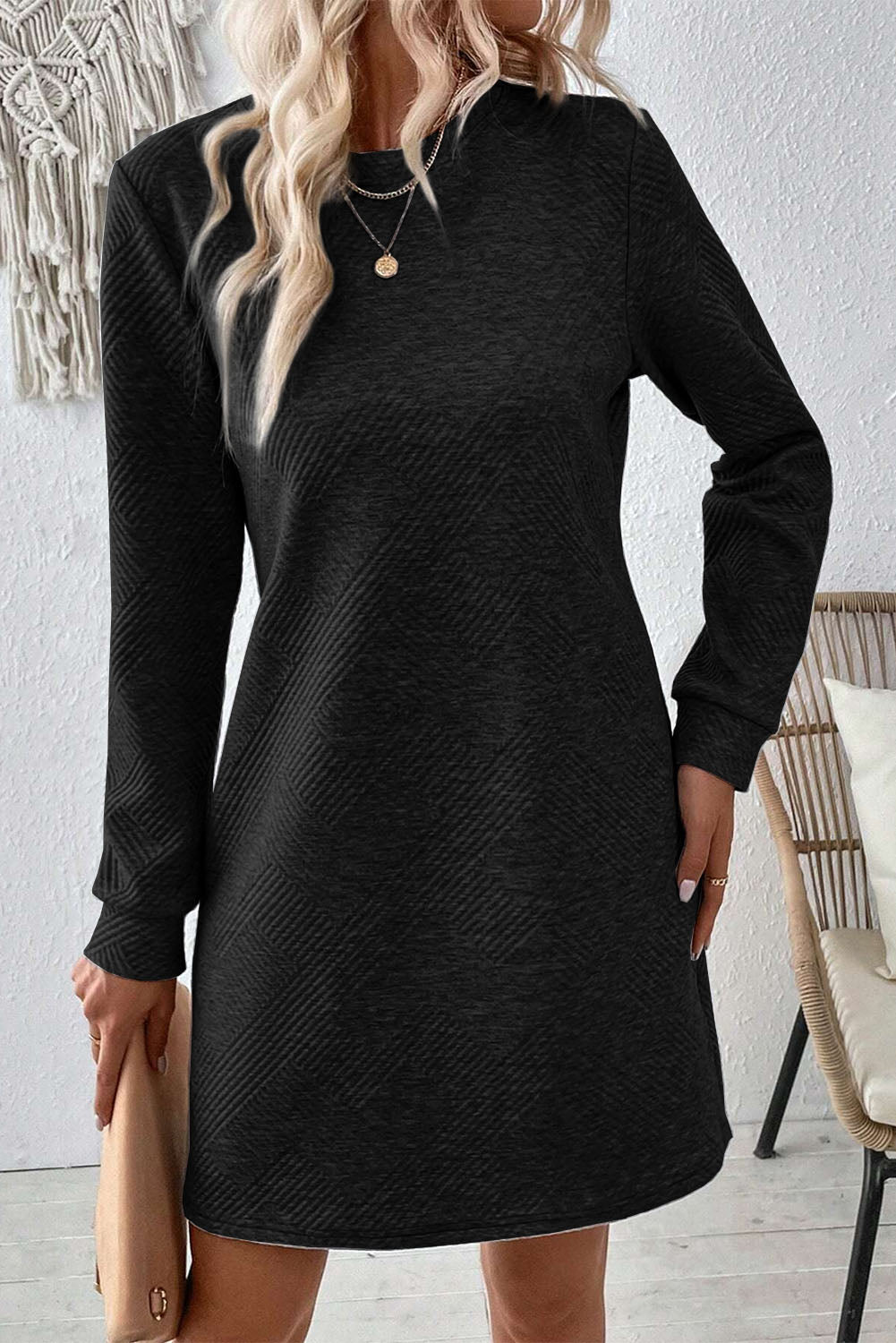 Solid Texture Long Sleeve Dress