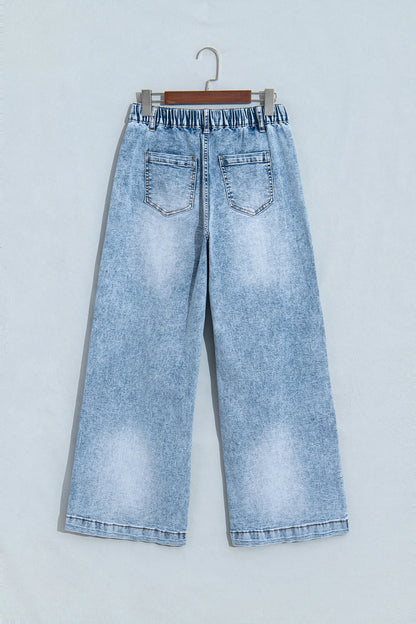 Studded Pocket Frayed Denim Wide Leg Jeans