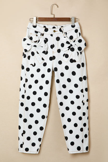 Polka Dot Denim Bow Pocket Barrel Leg Jeans