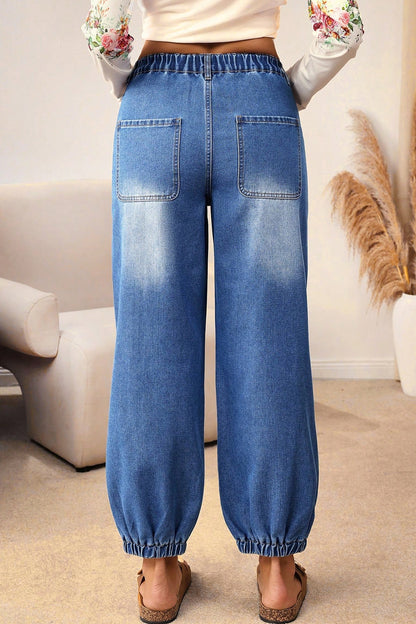 Denim Buttoned Fly Tapered Barrel Leg Jeans