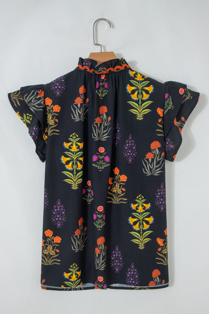Floral Lace Trim V-Neck Frilled Short Sleeve Shirt
