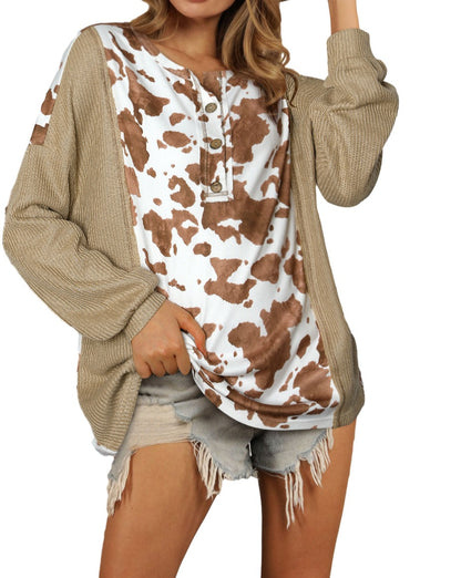 Cow Lantern Sleeve Henley Blouse