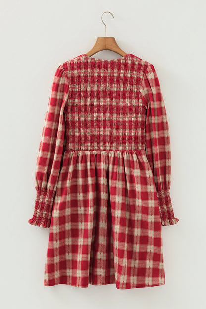 Plaid Smocked Puff Sleeve Mini Dress