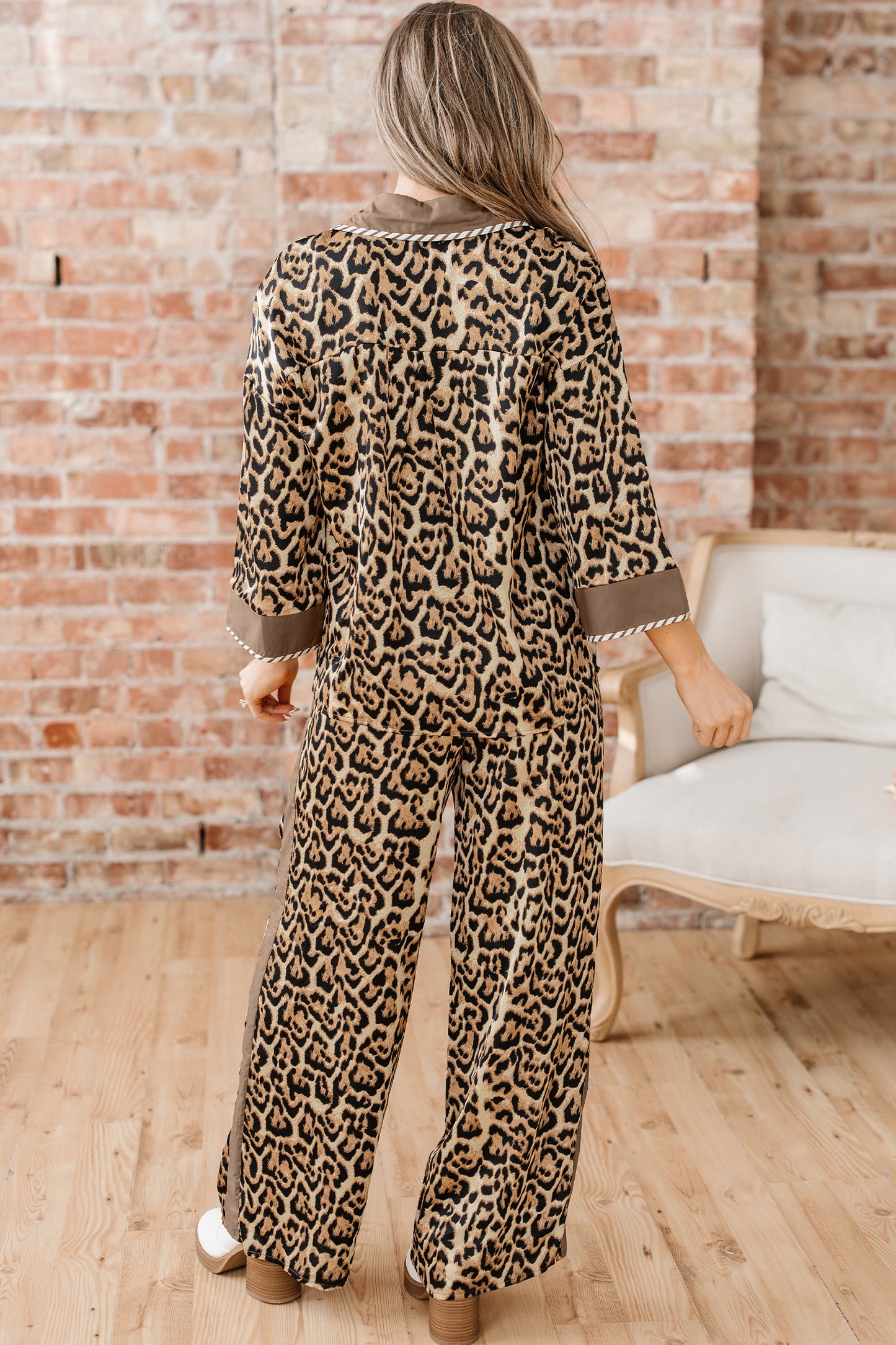 Leopard Collared 3/4 Sleeve Shirt and Pants Set