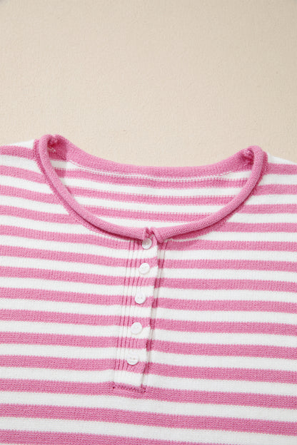 Stripe Button Placket Drop Shoulder Long Sleeve Sweater