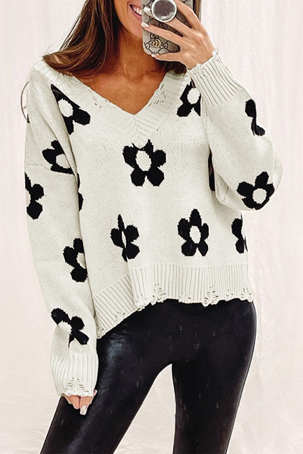 Floral Distressed V-Neck Sweater