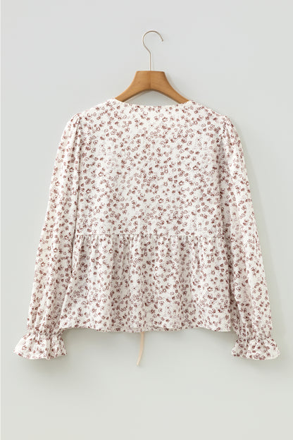 Floral Bow Tie Front Flounce Long Sleeve Blouse
