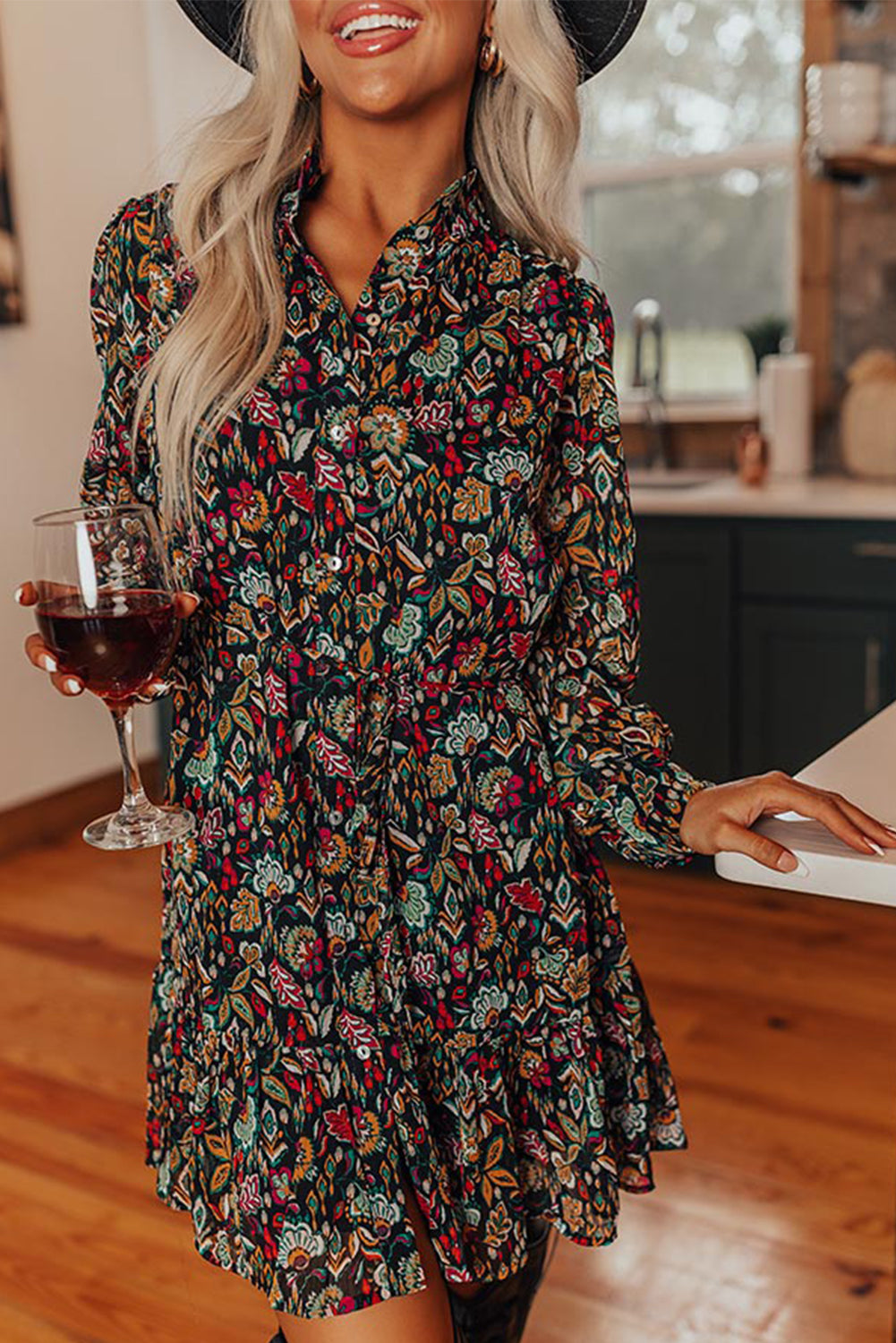 Floral Tie Waist Shirt Dress