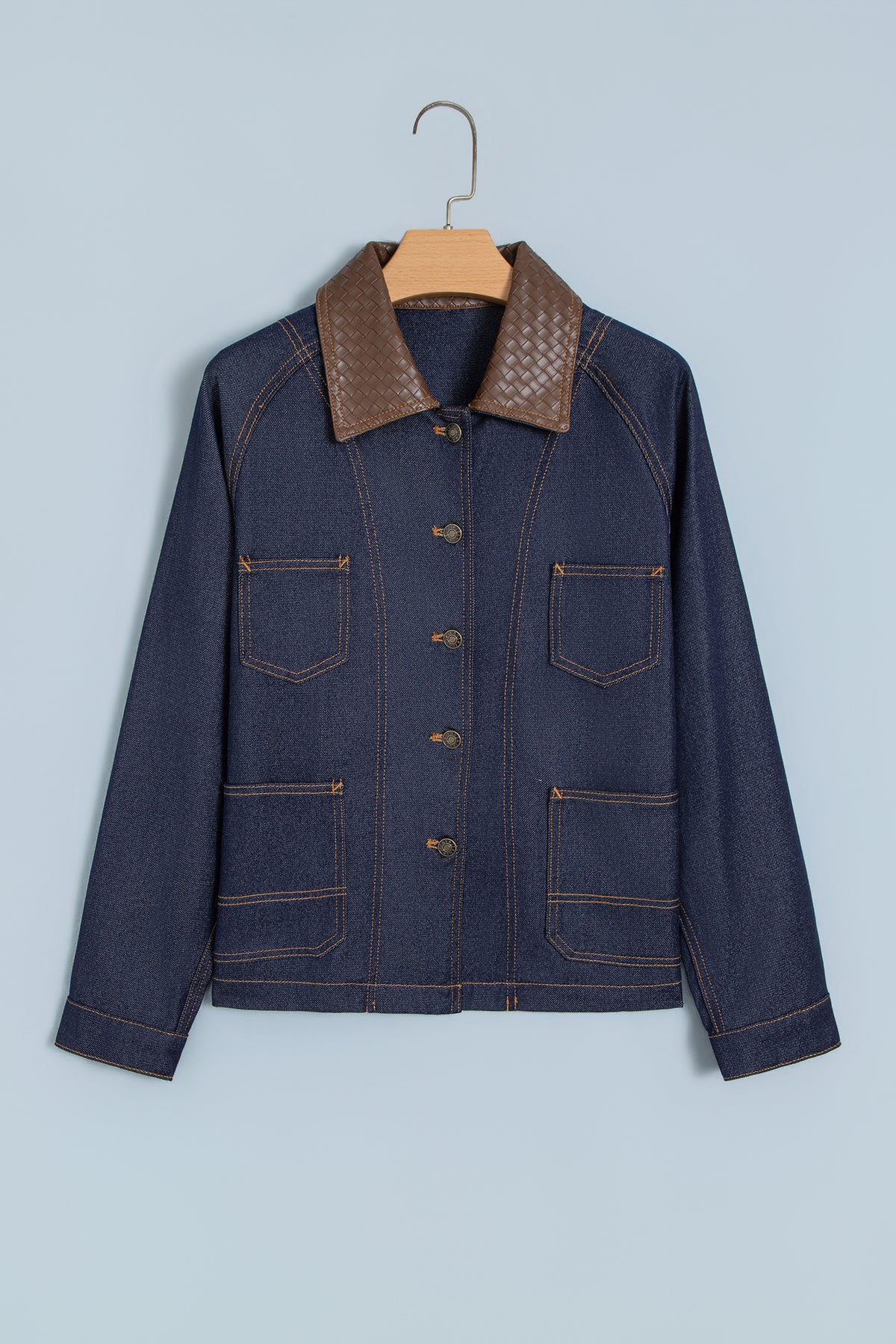 Faux Leather Contrast Collar Buttoned Denim Jacket