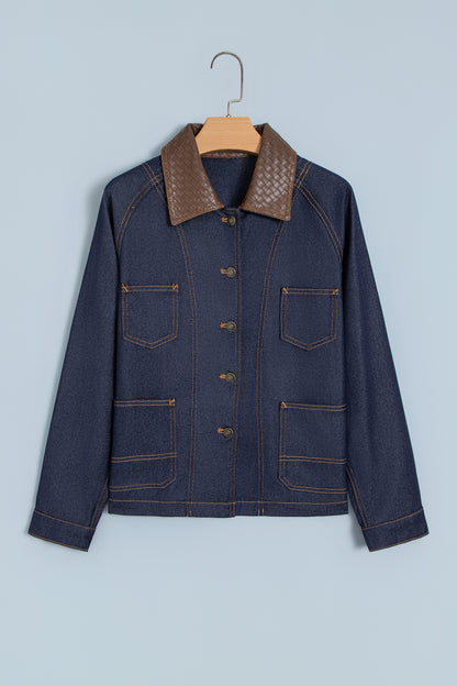 Faux Leather Contrast Collar Buttoned Denim Jacket