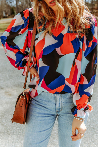 Abstract Ruffle Puff Sleeve Blouse