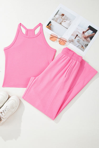 Solid Ribbed Tank Top and Sweatpants Set