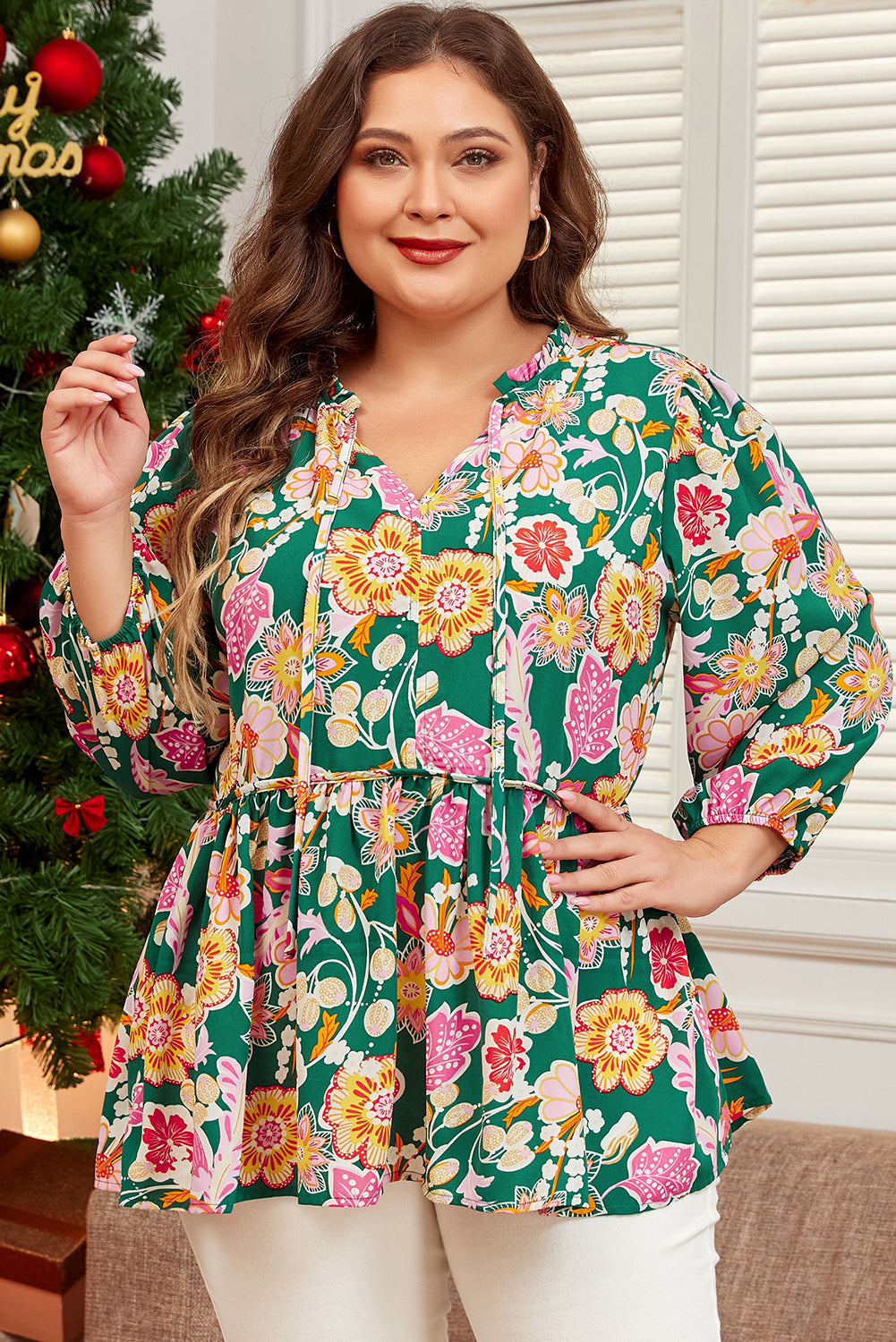 Plus Size Floral Long Sleeve V-Neck Babydoll Top