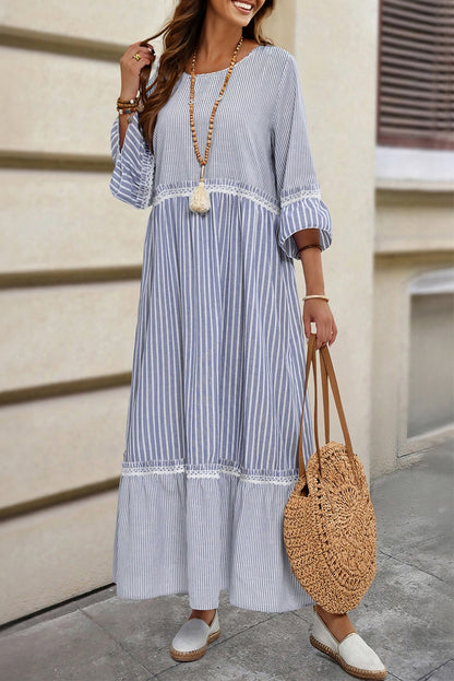Stripe Patchwork Lace Trim 3/4 Sleeve Maxi Dress