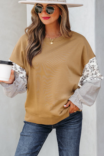 Floral Stripe Patchwork Ruffle Sleeve Crewneck Sweatshirt