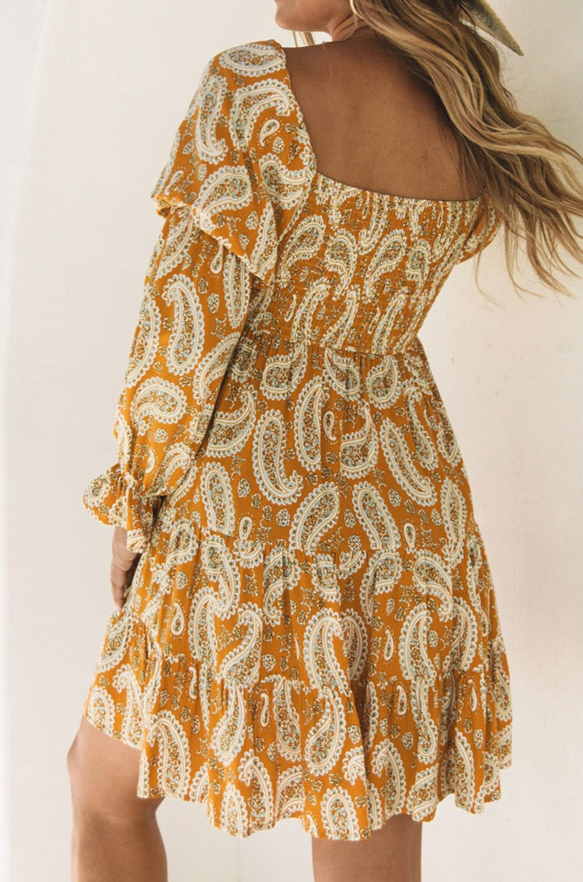 Paisley Long Sleeve Tiered Dress