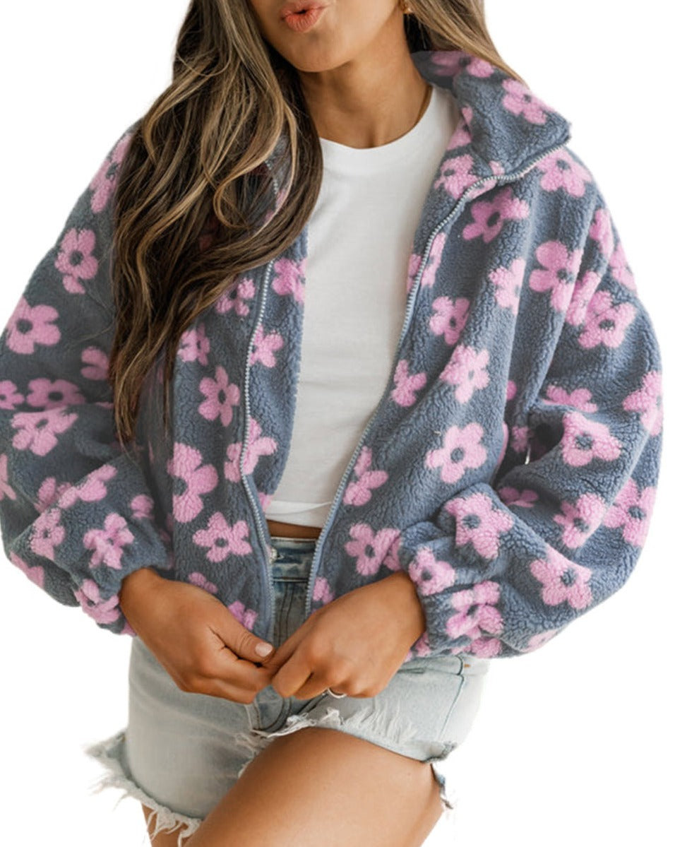 Floral Zip up Sherpa Jacket