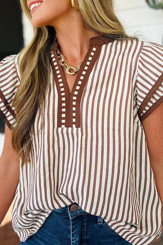 Stripe Double Ruffle Short Sleeve V-Neck Blouse