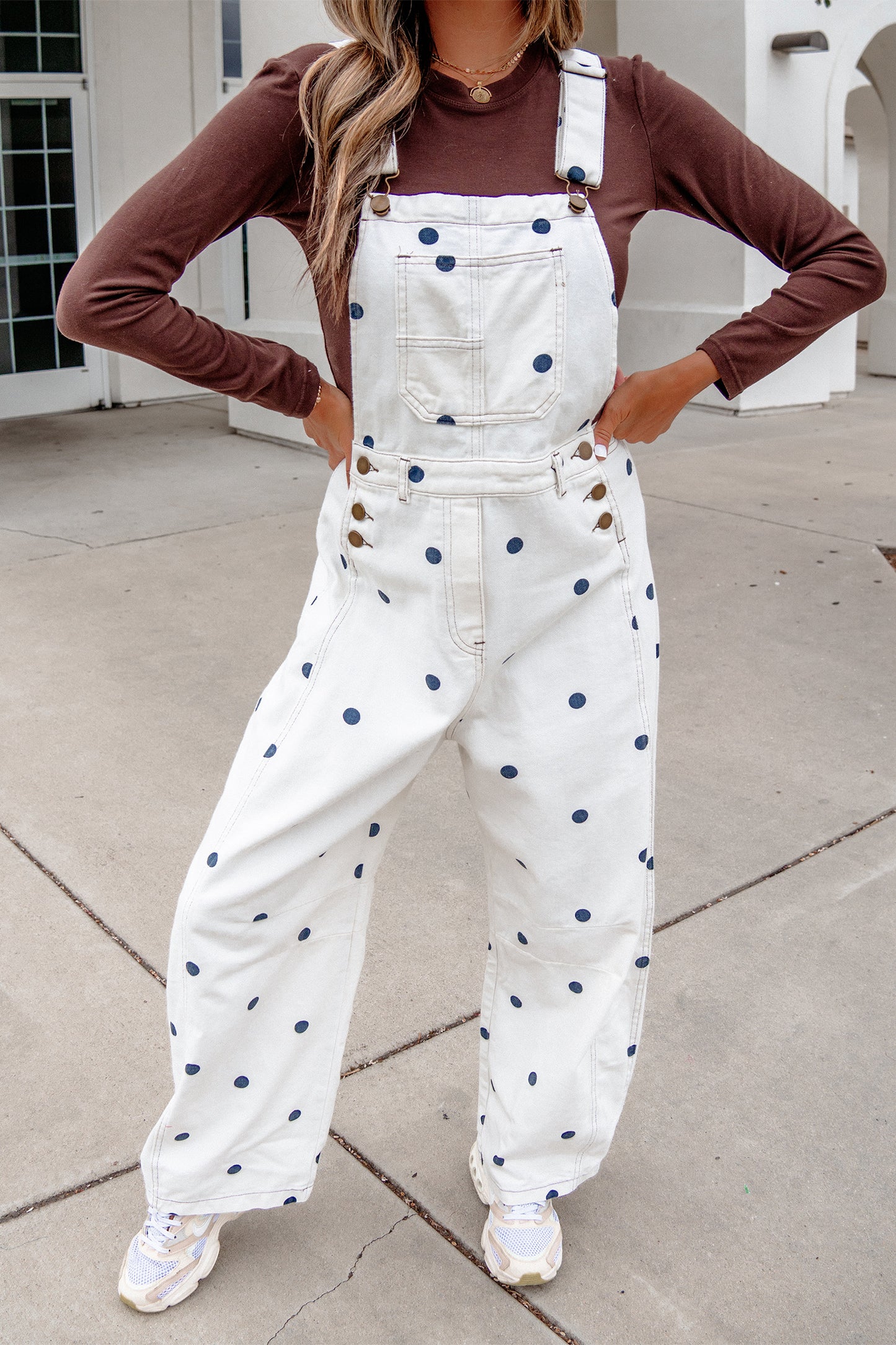 Polka Dot Denim Barrel Leg Overalls Jumpsuit