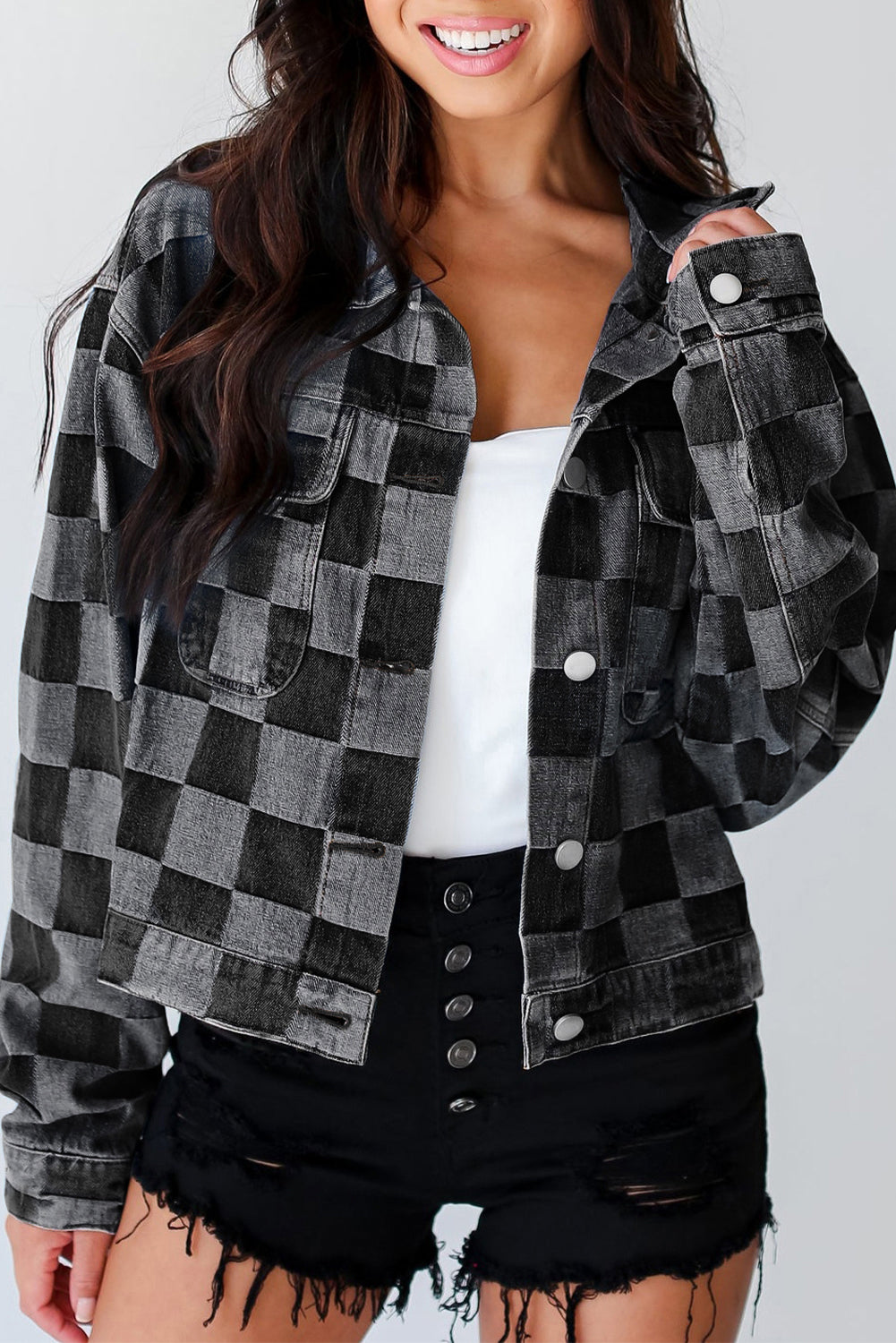 Checker Denim Pocketed Jacket