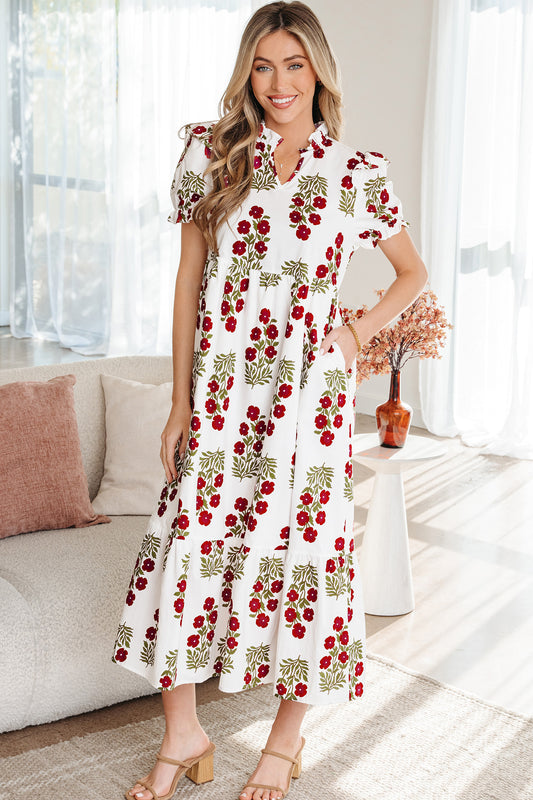 Floral Bubble Sleeve Tiered Maxi Dress