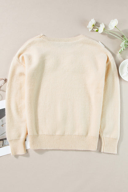 Floral Ribbed Trim Crewneck Sweater