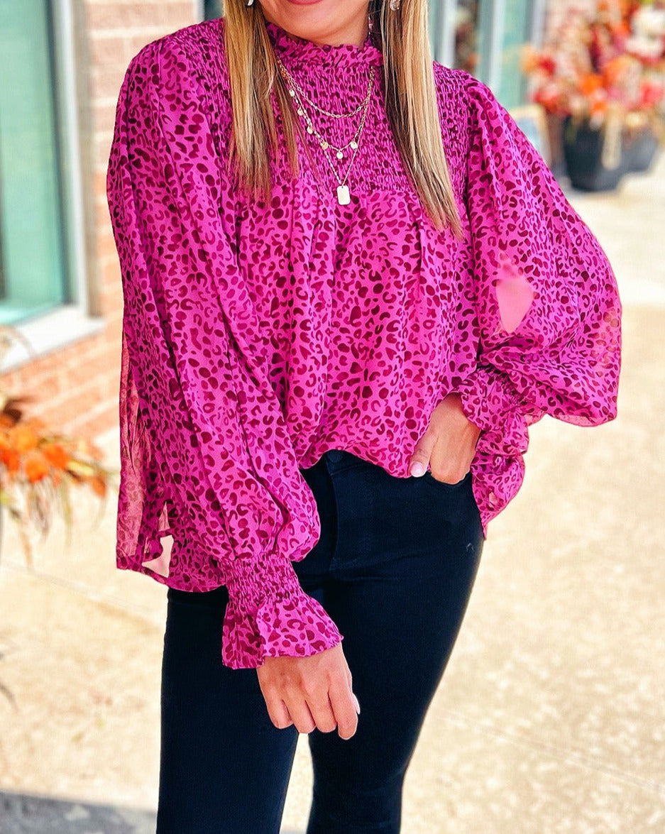 Leopard Puff Sleeve Flowy Blouse