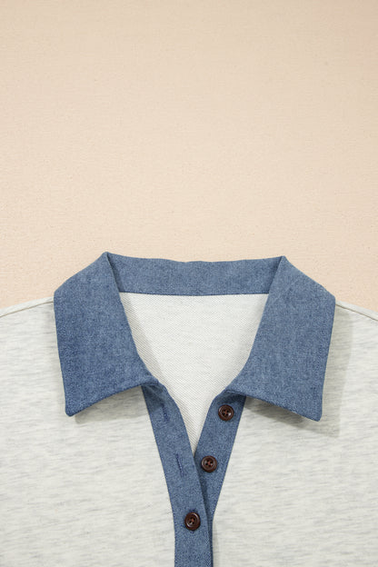 Colorblock Denim Patchwork Polo Collar Tunic Dress
