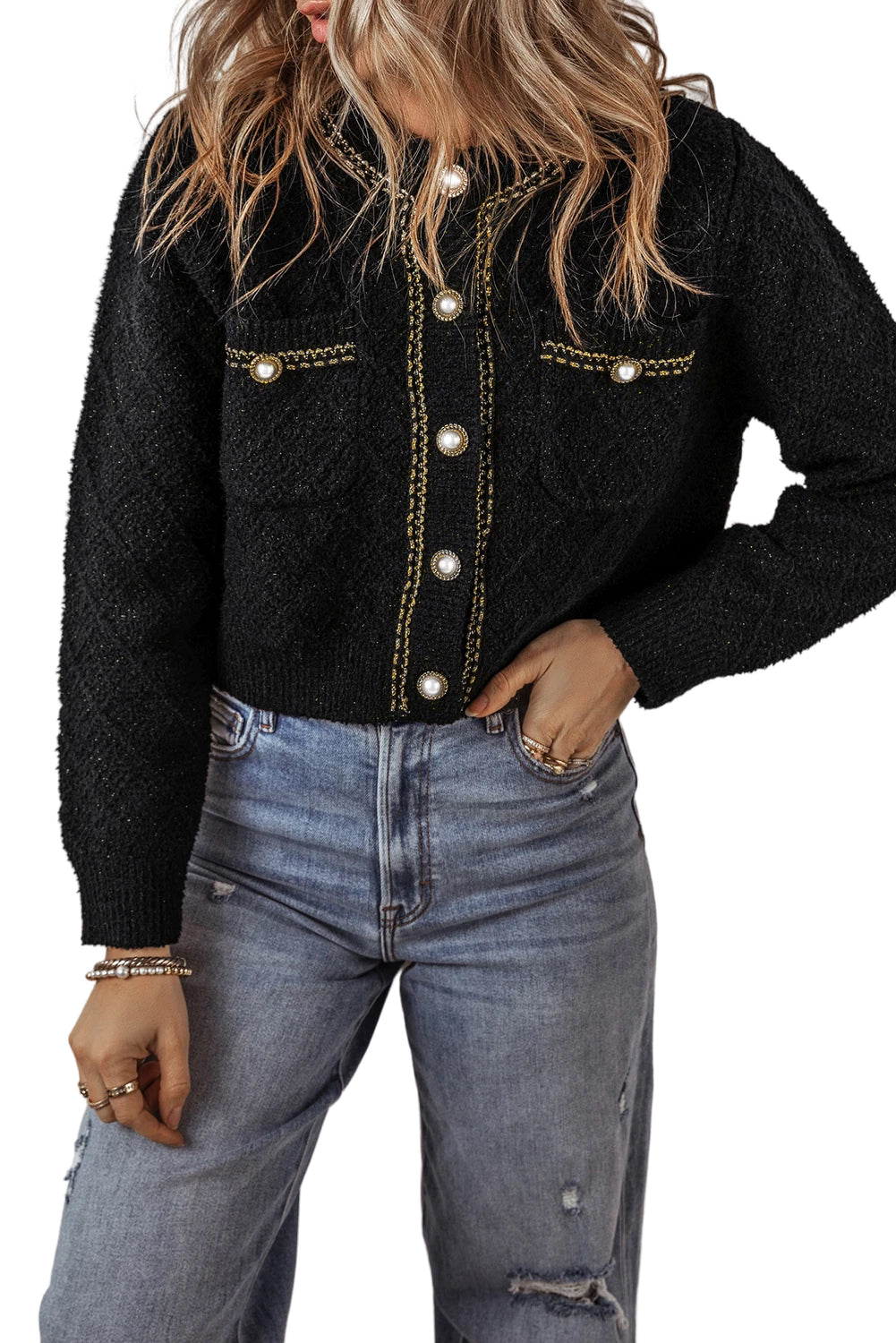 Shimmer Flap Pocket Buttoned Cardigan