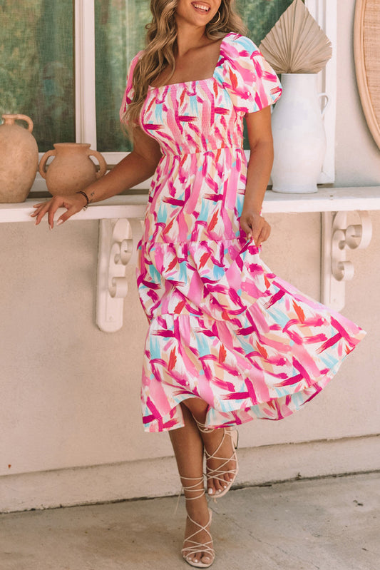 Abstract Smocked Puff Sleeve Dress