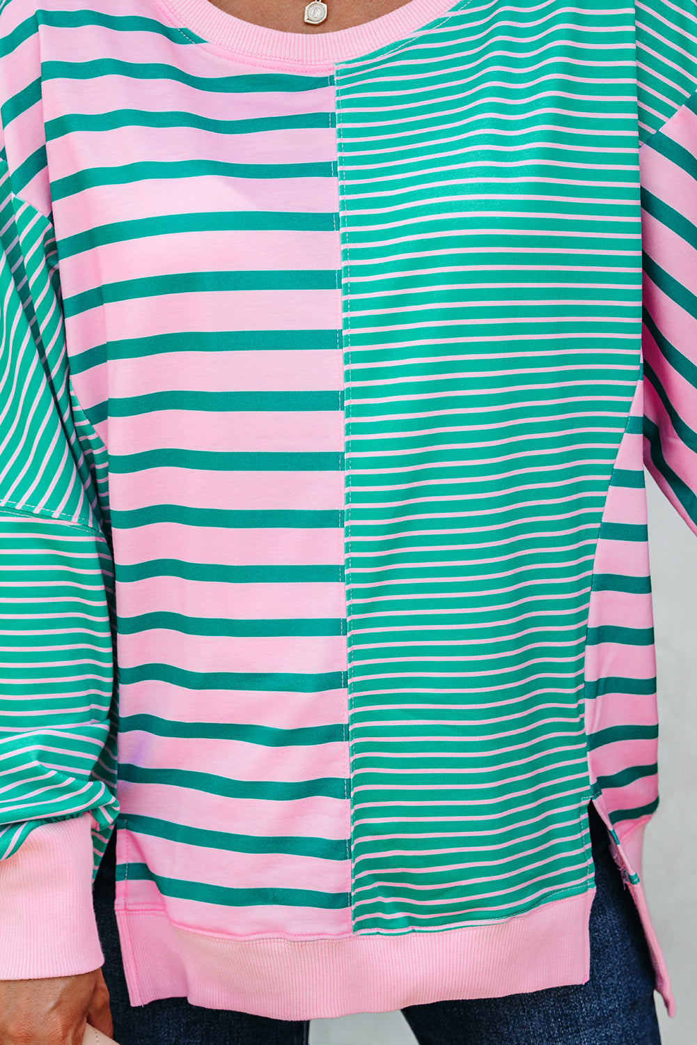 Stripe Colorblock Patchwork Side Slit Sweatshirt